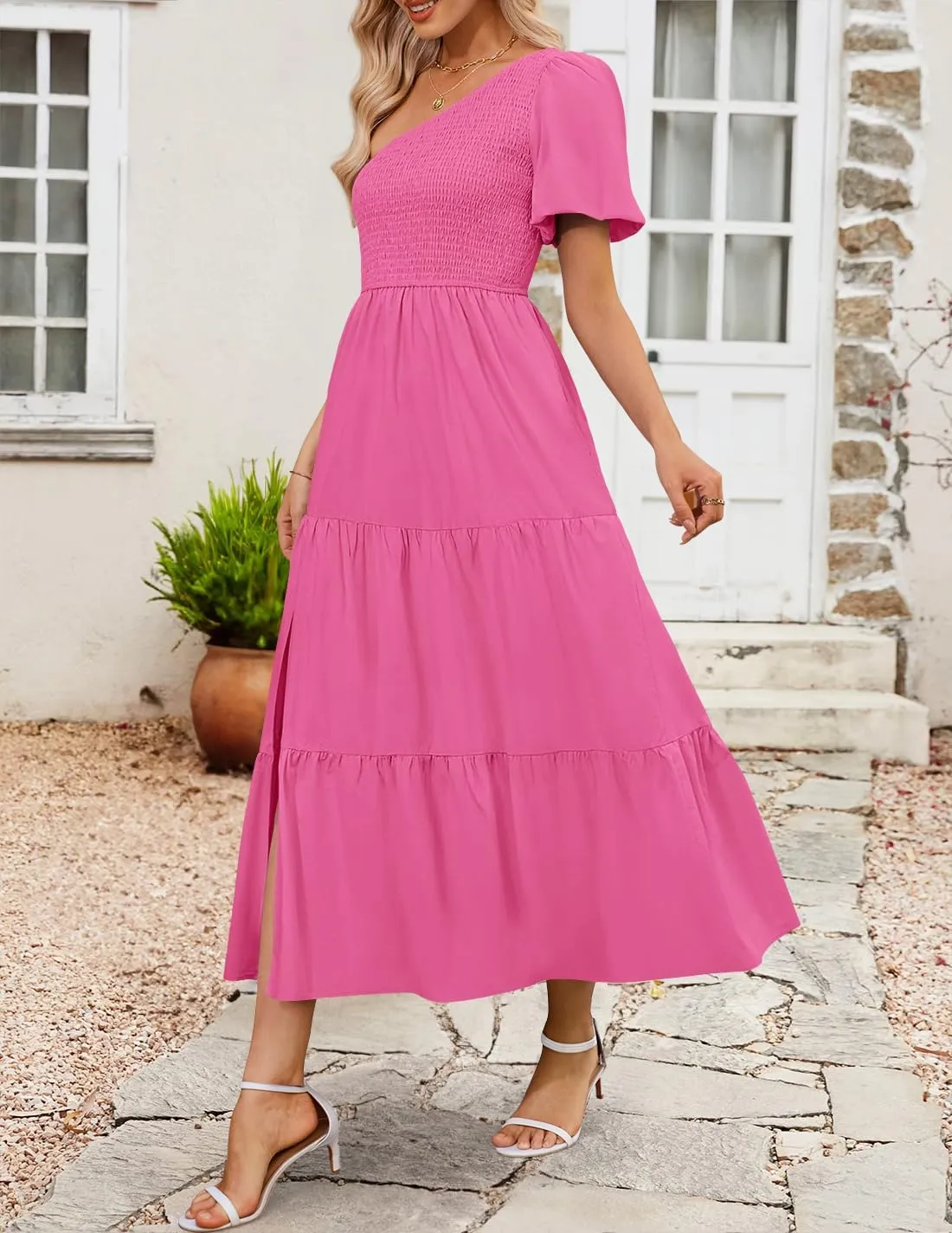 ZESICA Women's Boho Summer One Shoulder Short Sleeve Smocked Side Split Ruffle Swing Midi Dress