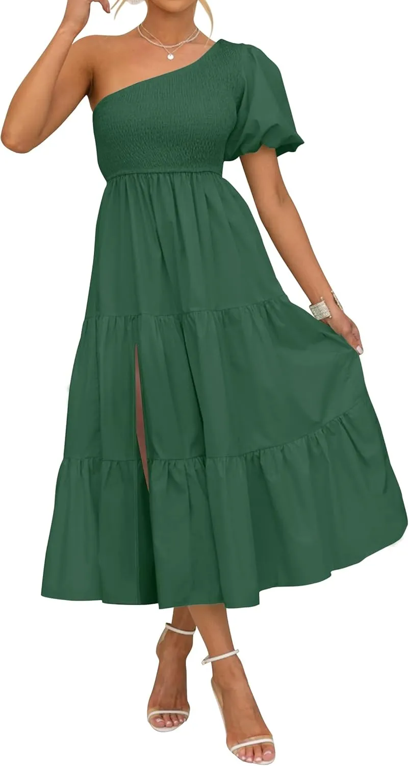ZESICA Women's Boho Summer One Shoulder Short Sleeve Smocked Side Split Ruffle Swing Midi Dress