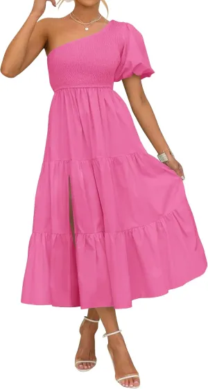 ZESICA Women's Boho Summer One Shoulder Short Sleeve Smocked Side Split Ruffle Swing Midi Dress