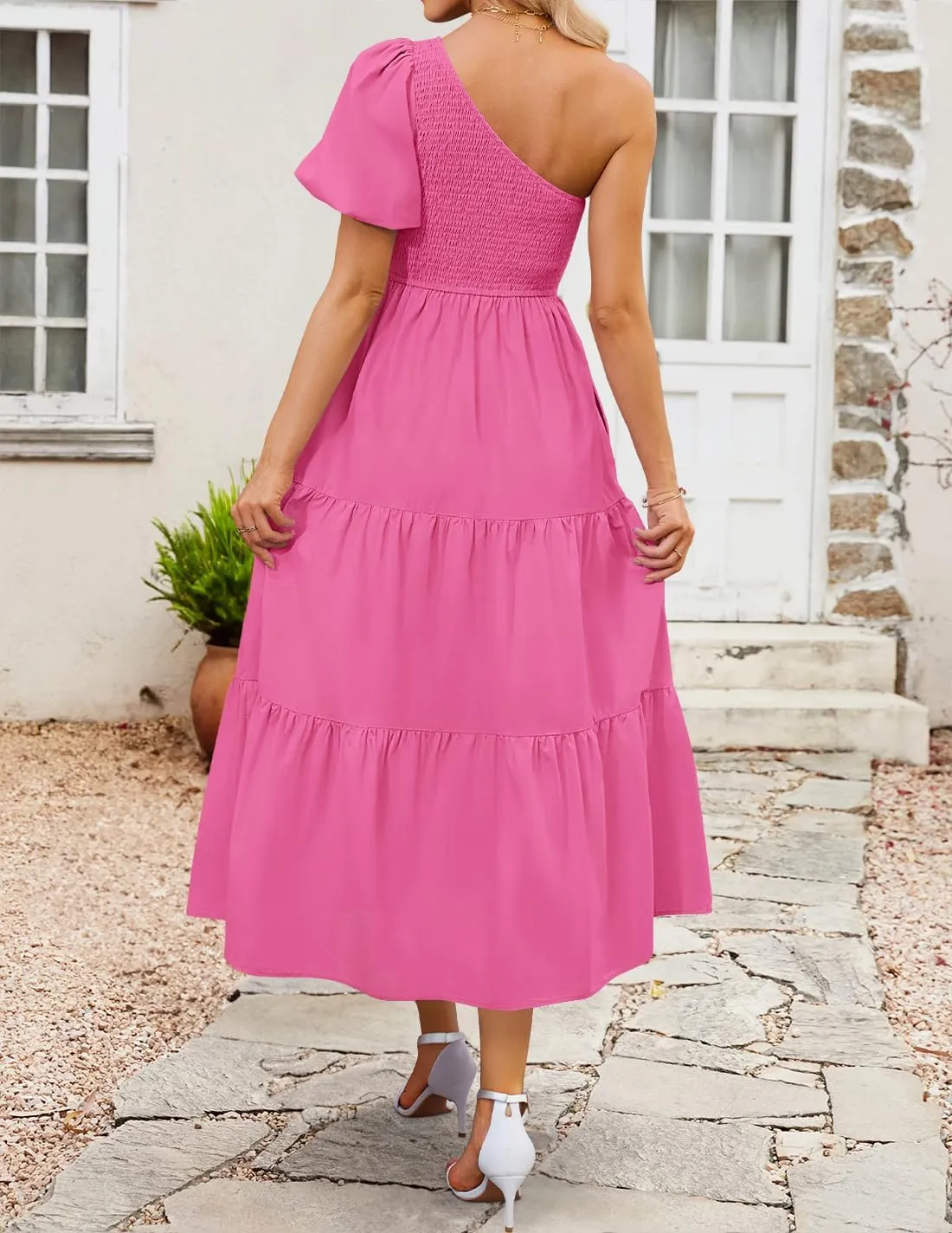 ZESICA Women's Boho Summer One Shoulder Short Sleeve Smocked Side Split Ruffle Swing Midi Dress