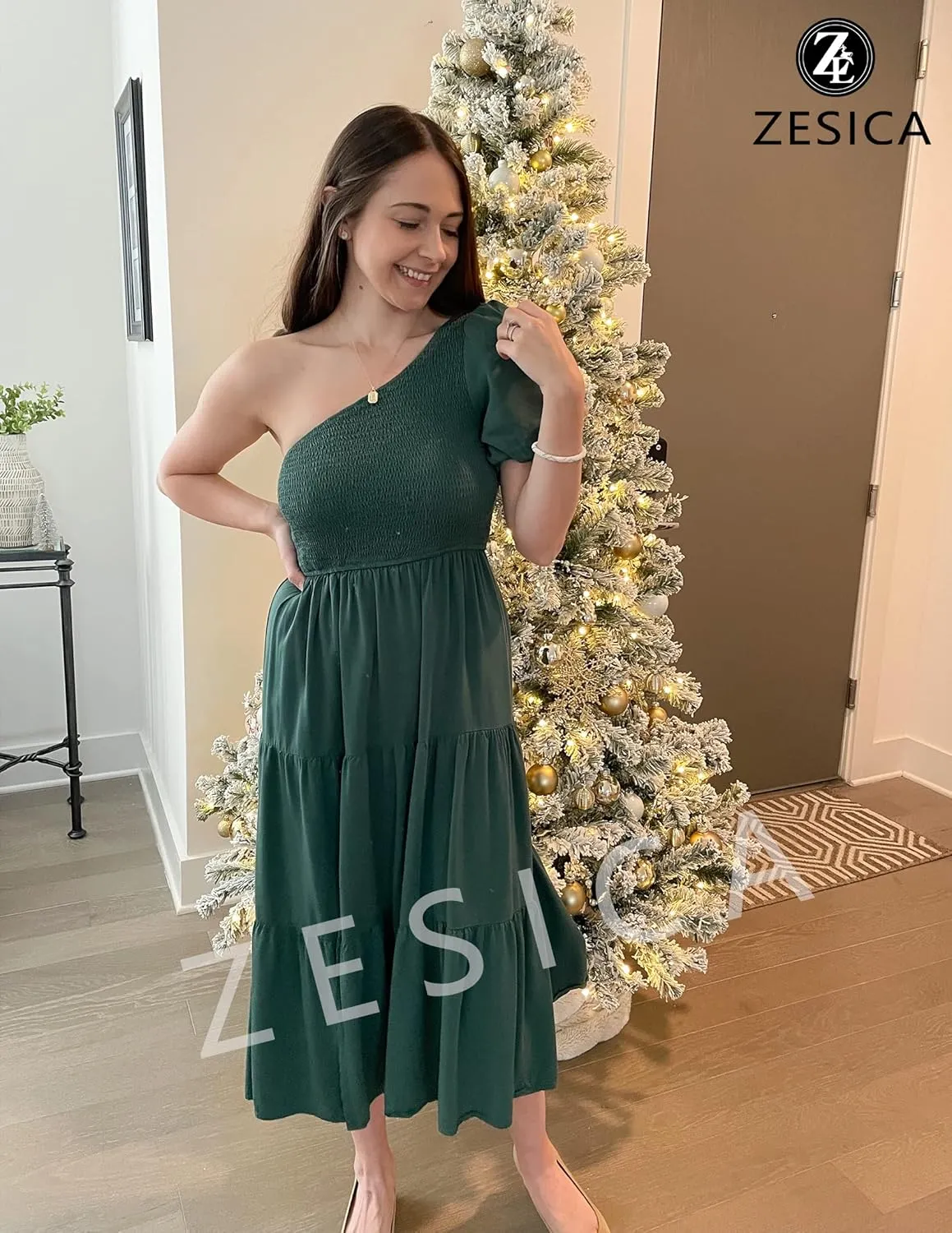 ZESICA Women's Boho Summer One Shoulder Short Sleeve Smocked Side Split Ruffle Swing Midi Dress