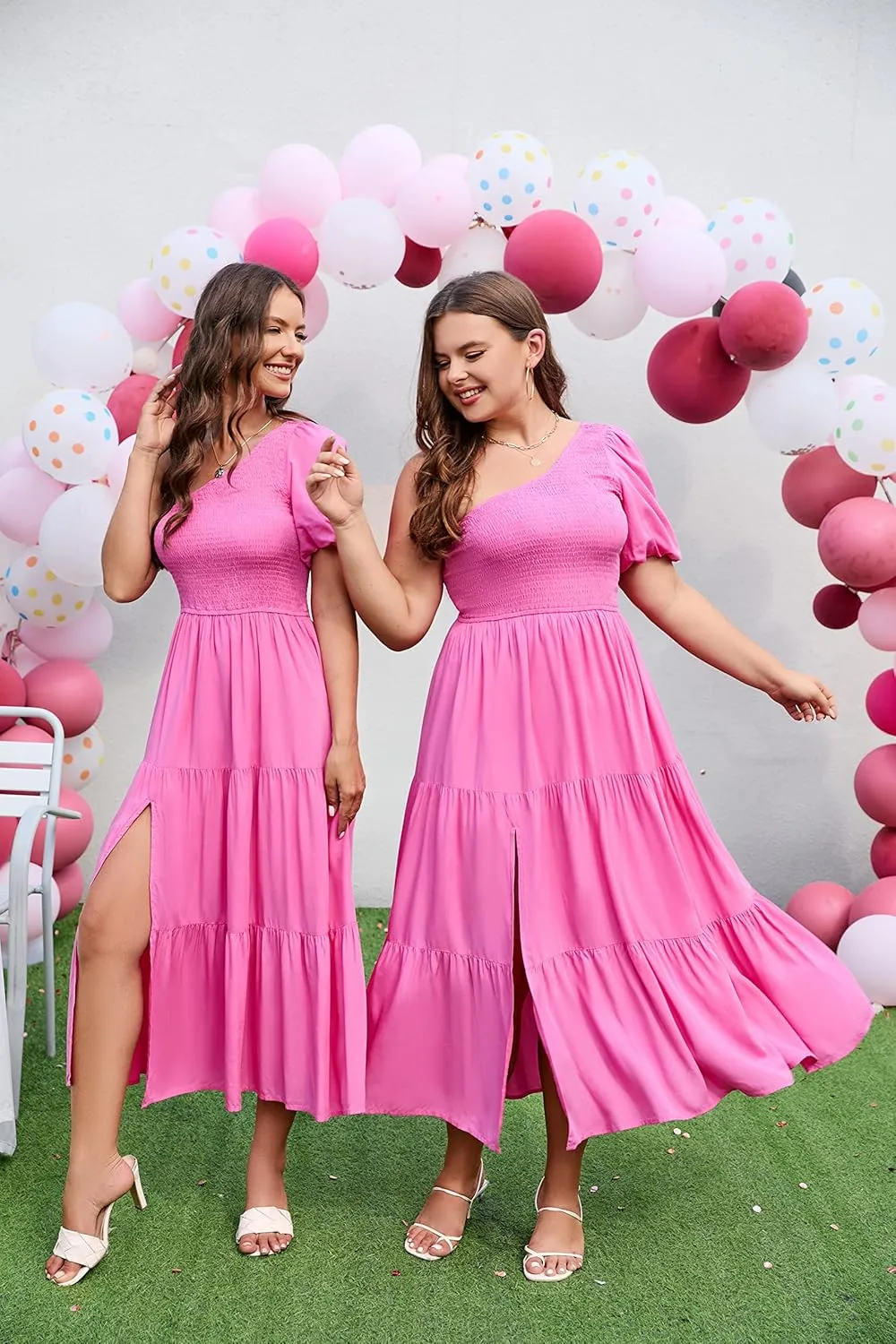 ZESICA Women's Boho Summer One Shoulder Short Sleeve Smocked Side Split Ruffle Swing Midi Dress