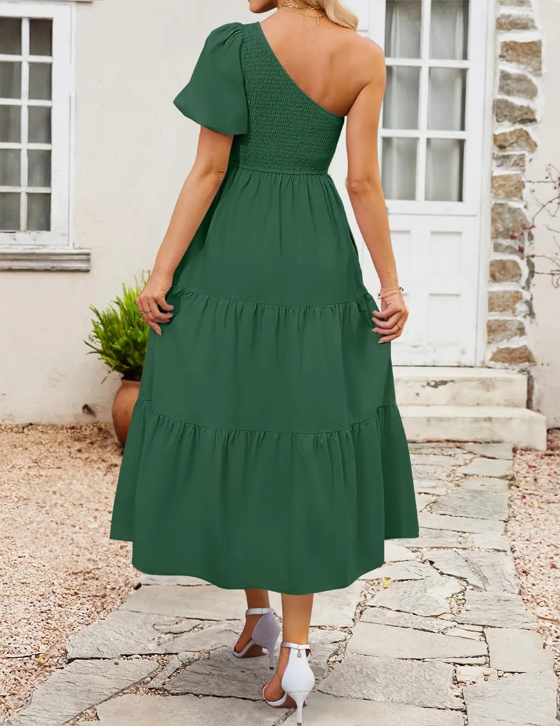 ZESICA Women's Boho Summer One Shoulder Short Sleeve Smocked Side Split Ruffle Swing Midi Dress
