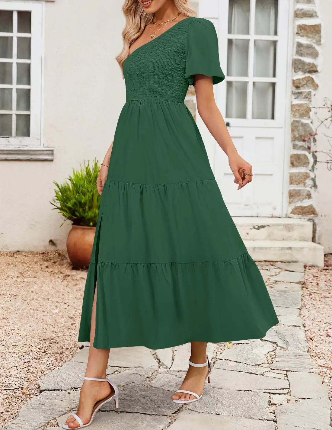 ZESICA Women's Boho Summer One Shoulder Short Sleeve Smocked Side Split Ruffle Swing Midi Dress