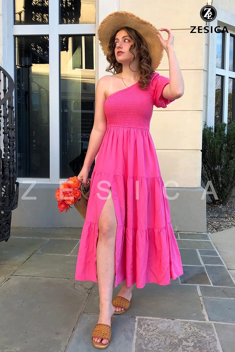 ZESICA Women's Boho Summer One Shoulder Short Sleeve Smocked Side Split Ruffle Swing Midi Dress