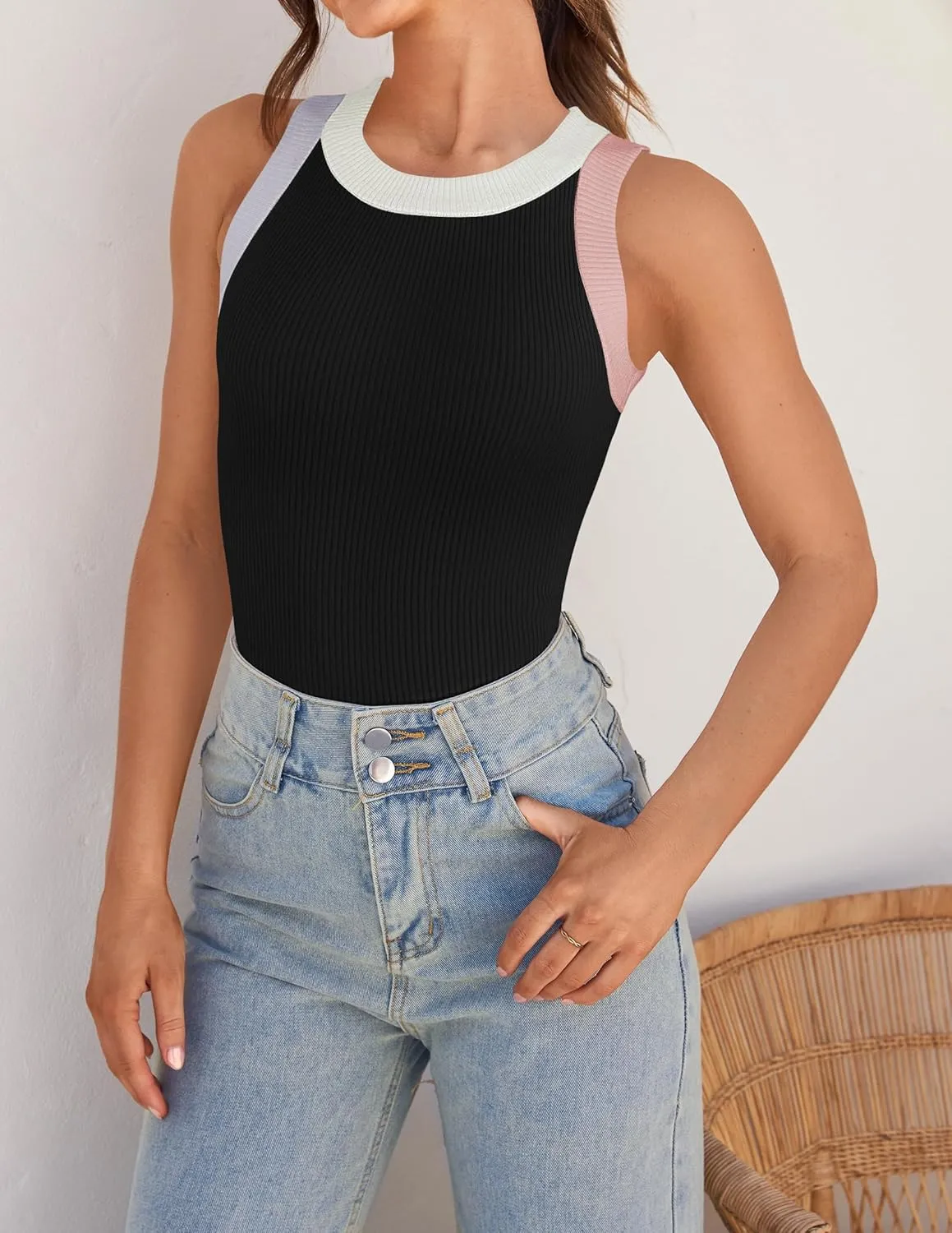 ZESICA Womens Summer Sleeveless Tank Tops Ribbed High Neck Racerback Slim Fitted Color Block Casual Shirts