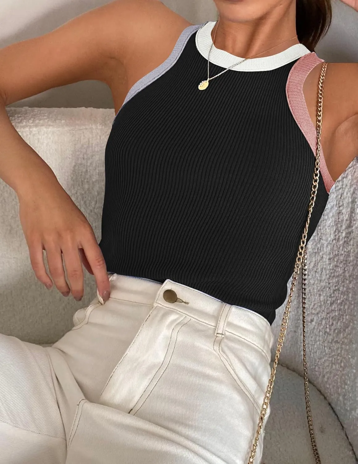 ZESICA Womens Summer Sleeveless Tank Tops Ribbed High Neck Racerback Slim Fitted Color Block Casual Shirts