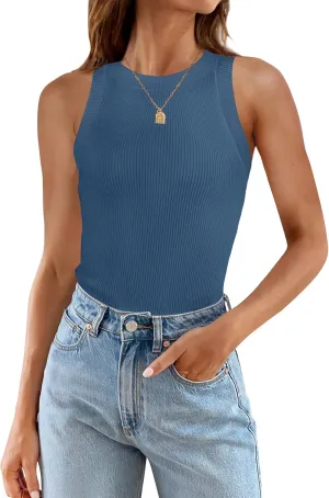 ZESICA Womens Summer Sleeveless Tank Tops Ribbed High Neck Racerback Slim Fitted Color Block Casual Shirts