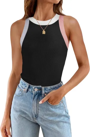 ZESICA Womens Summer Sleeveless Tank Tops Ribbed High Neck Racerback Slim Fitted Color Block Casual Shirts