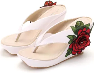 ZOOGEM Women's Embroidery Slides Wedge Sandals Hawaii Beach People Wedge Sandal Open Toe Bohemia Sandals Summer Slippers (White-Red,11)