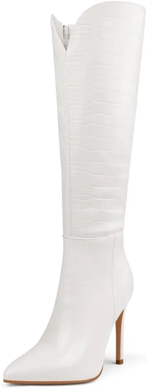 Zzheels Stiletto Knee High Boots Sexy V-Cut High Heeled Boots Pointed Toe Side-Zip Booties Winter Party Dress Shoes