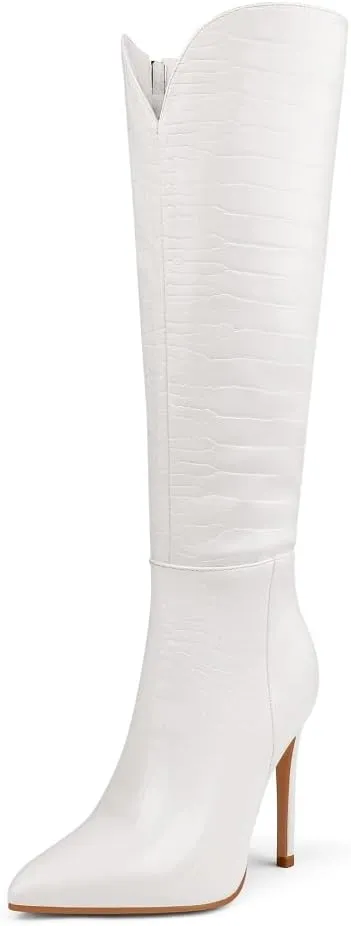 Zzheels Stiletto Knee High Boots Sexy V-Cut High Heeled Boots Pointed Toe Side-Zip Booties Winter Party Dress Shoes
