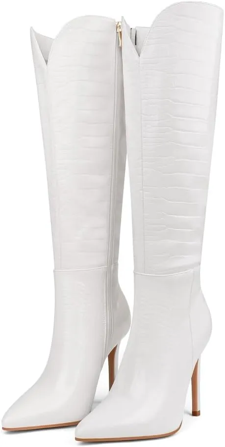 Zzheels Stiletto Knee High Boots Sexy V-Cut High Heeled Boots Pointed Toe Side-Zip Booties Winter Party Dress Shoes